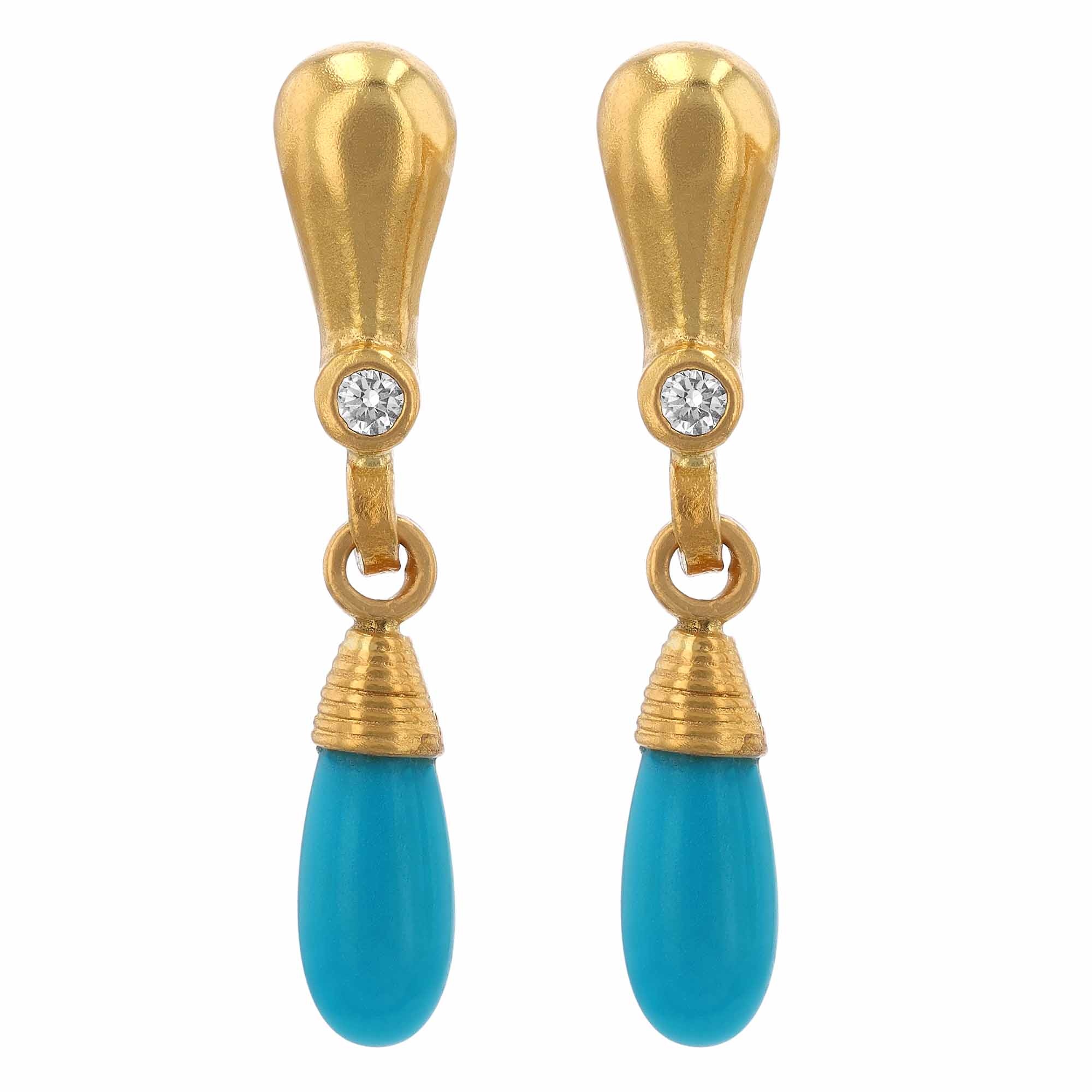 Gurhan Cabochon Turquoise & Diamond Drop Earrings in Yellow Gold