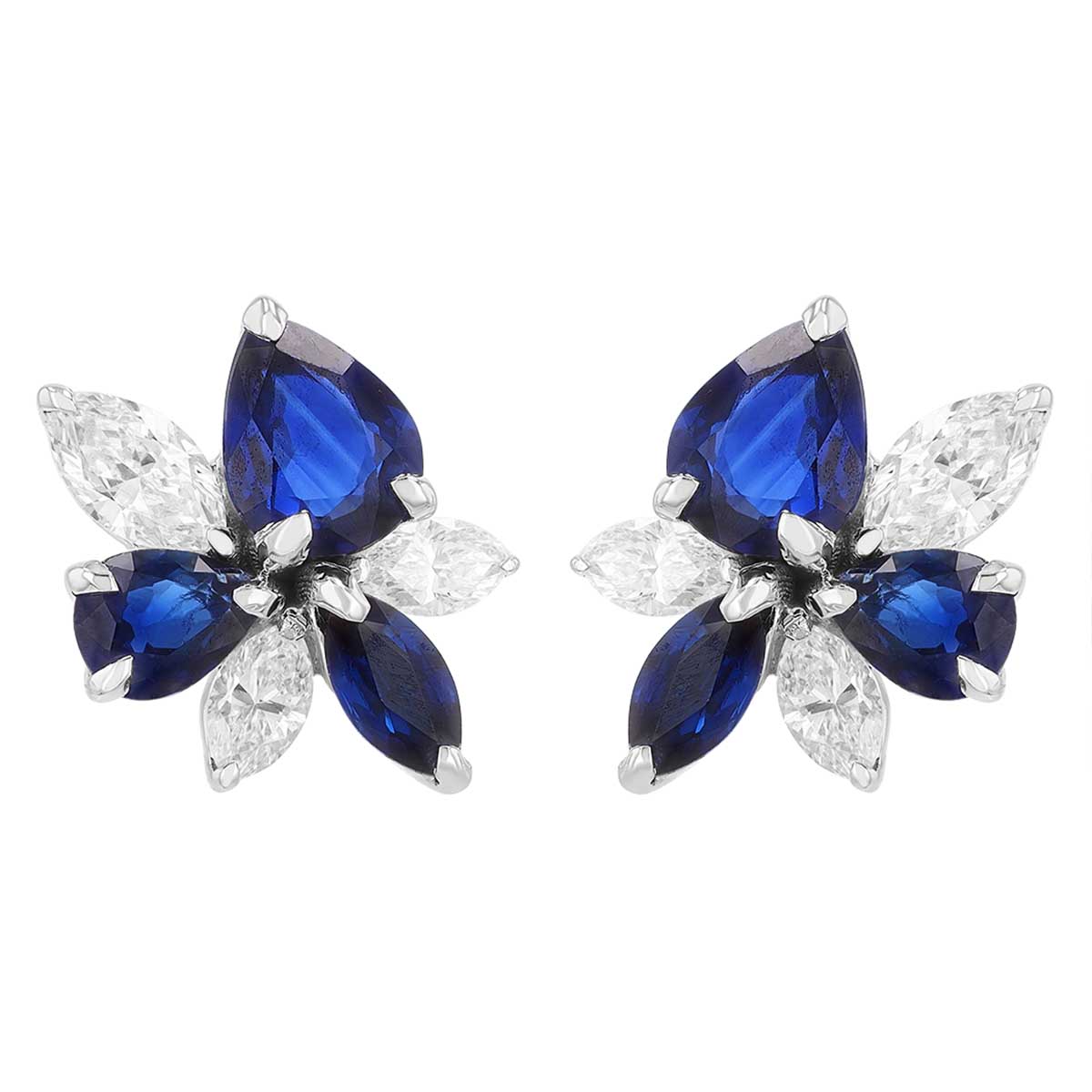 Multi-Shape Sapphire & Marquise Diamond Floral Cluster Stud Earrings in White Gold