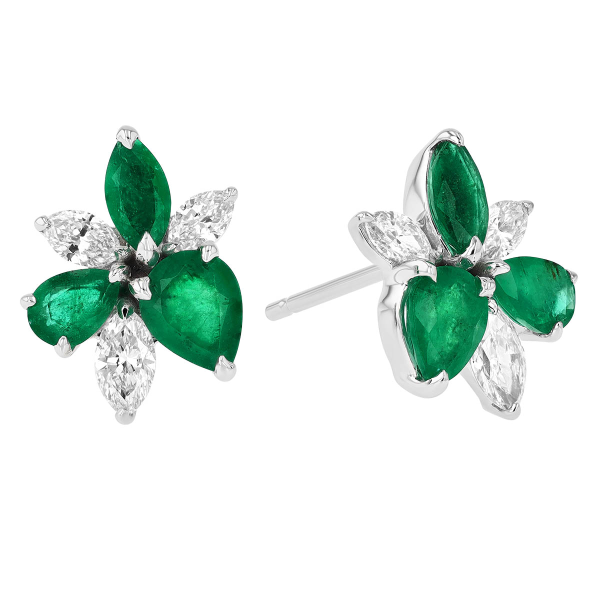 Emerald & Diamond Blossom Post Earrings in White Gold