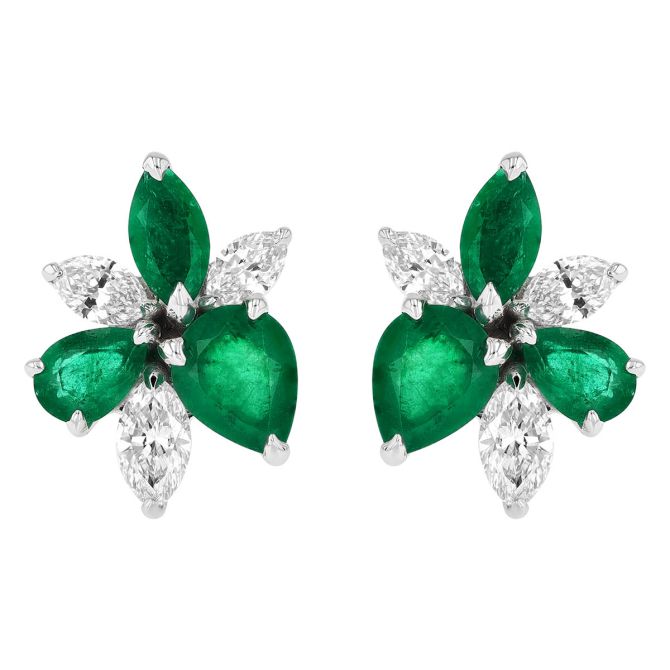 Emerald & Diamond Blossom Post Earrings in White Gold