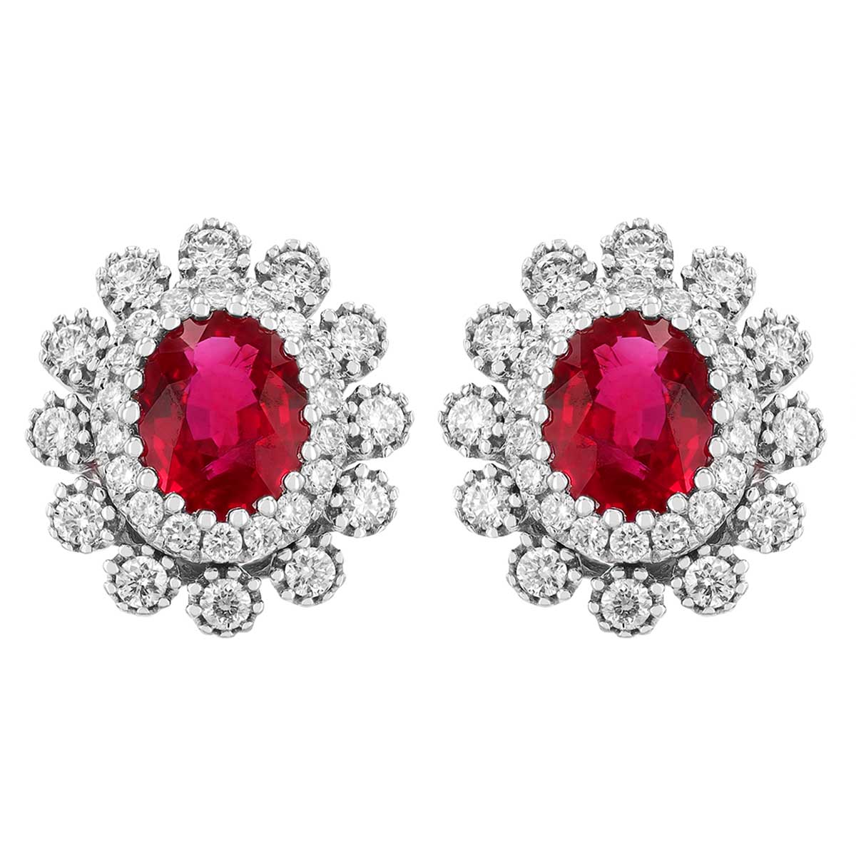 Oval Ruby & Double Diamond Halo Stud Earrings in White Gold