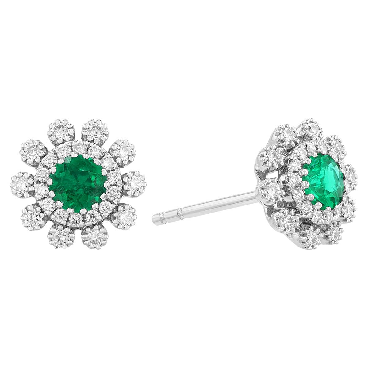 Round Emerald & Double Diamond Halo Stud Earrings in White Gold
