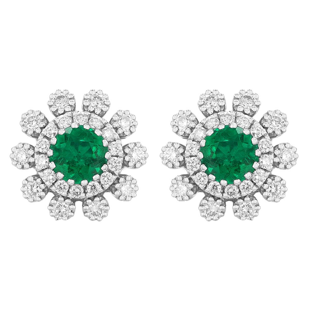 Round Emerald & Double Diamond Halo Stud Earrings in White Gold