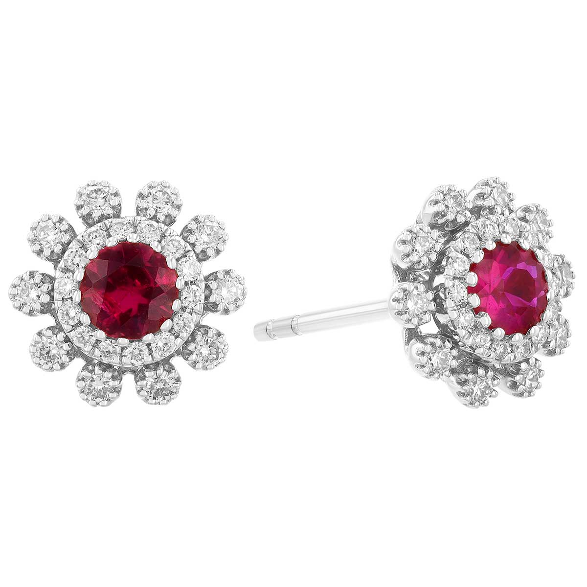 Round Ruby & Double Diamond Halo Stud Earrings in White Gold