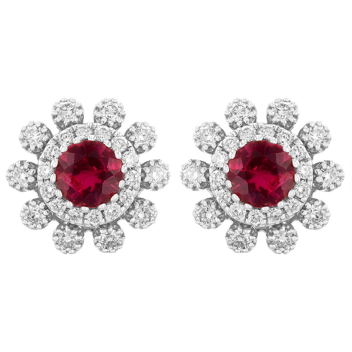 Round Ruby & Double Diamond Halo Stud Earrings in White Gold