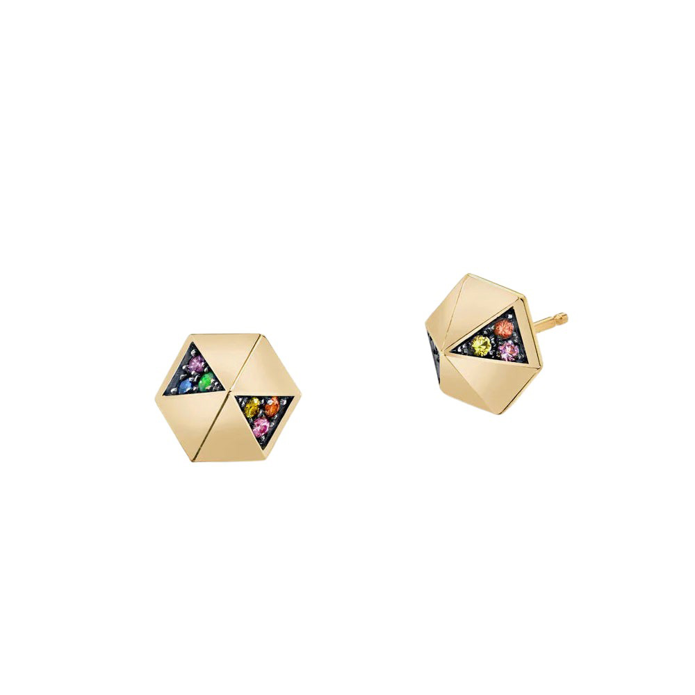Harwell Godfrey Multicolored Sapphire Pyramid Stud Earrings in Yellow Gold & Black Rhodium