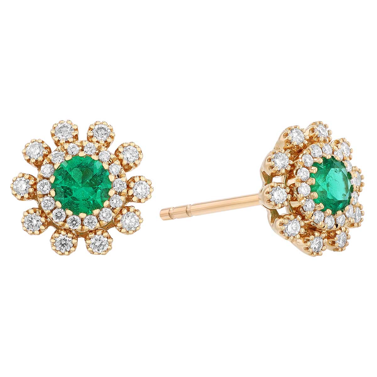 Round Emerald & Double Diamond Halo Stud Earrings in Yellow Gold