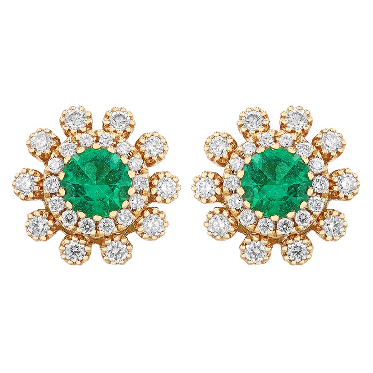 Round Emerald & Double Diamond Halo Stud Earrings in Yellow Gold