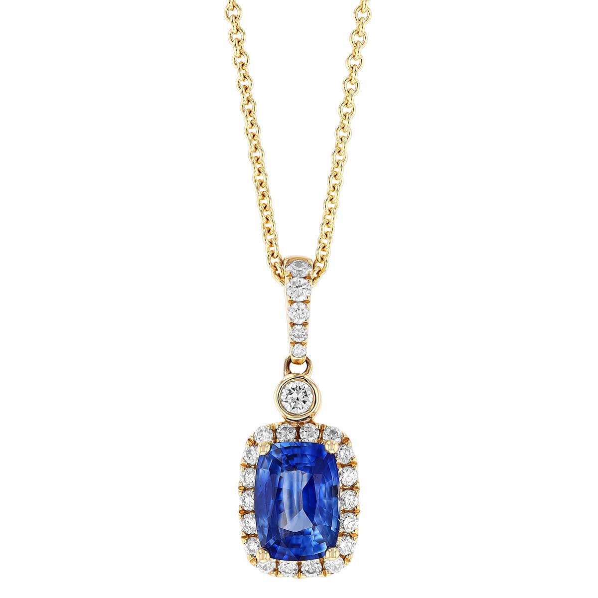 Cushion Cut Sapphire & Diamond Halo Pendant in Yellow Gold, 18