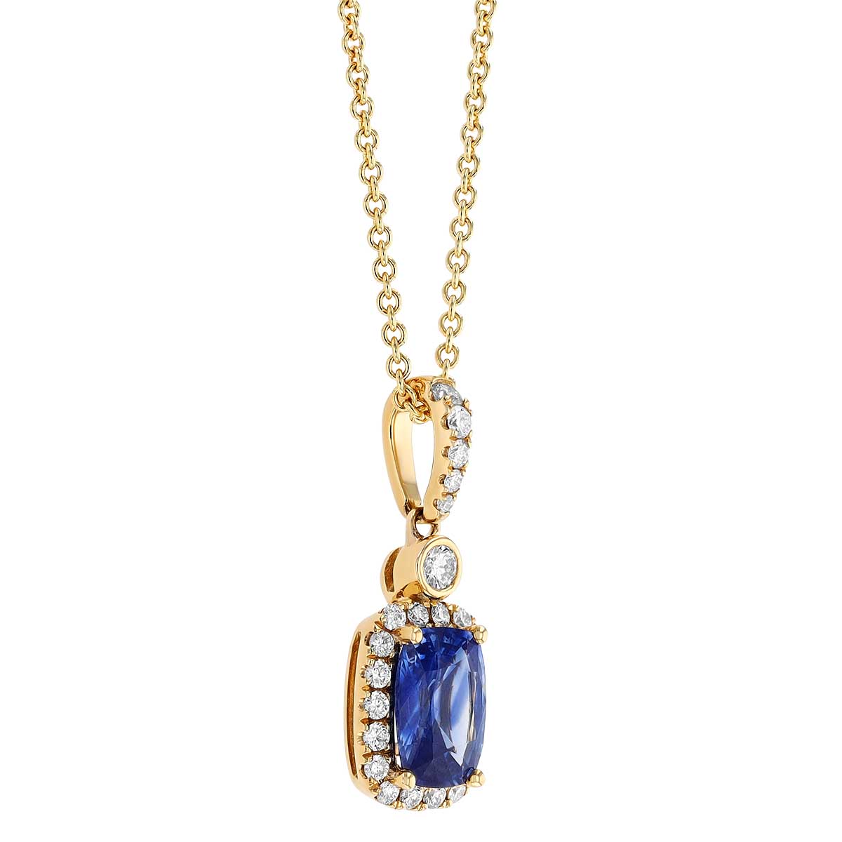 Cushion Cut Sapphire & Diamond Halo Pendant in Yellow Gold, 18