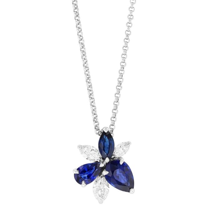 Multi-Shape Sapphire & Marquise Diamond Floral Cluster Pendant in White Gold, 18"