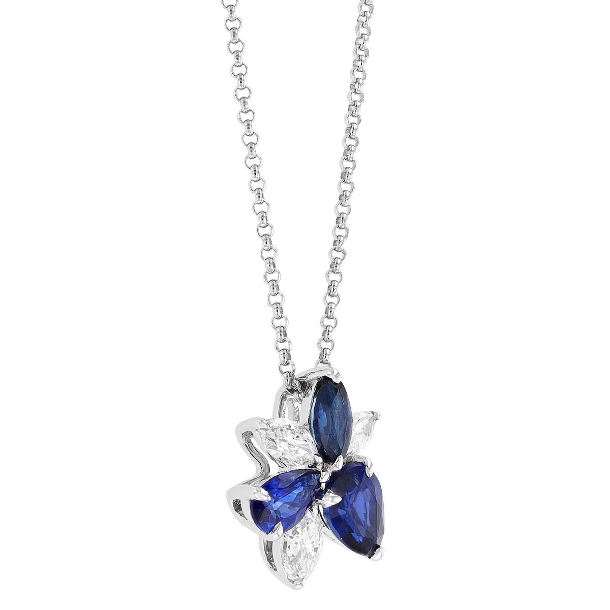 Multi-Shape Sapphire & Marquise Diamond Floral Cluster Pendant in White Gold, 18