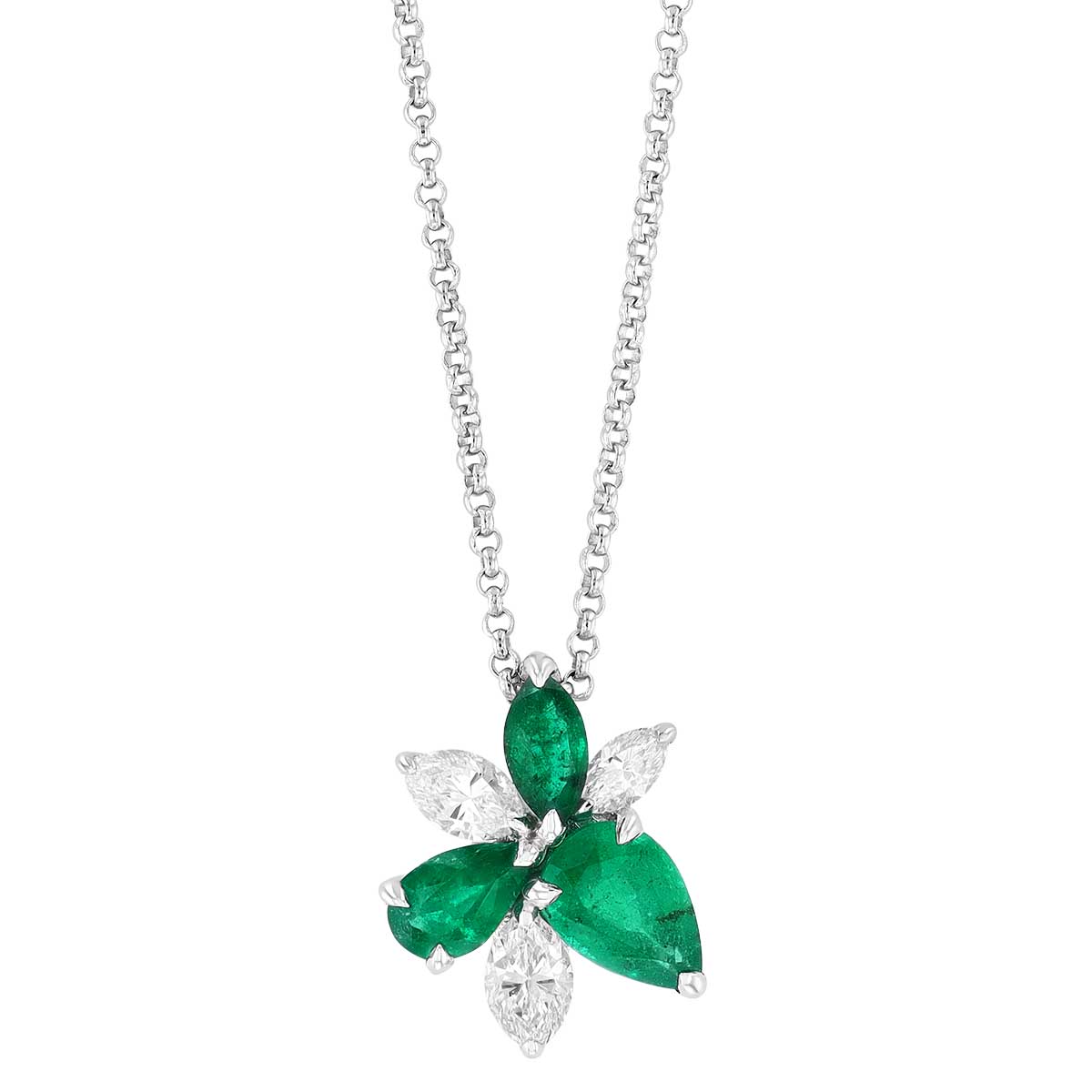 Multi-Shape Emerald & Marquise Diamond Floral Cluster Pendant in White Gold, 18