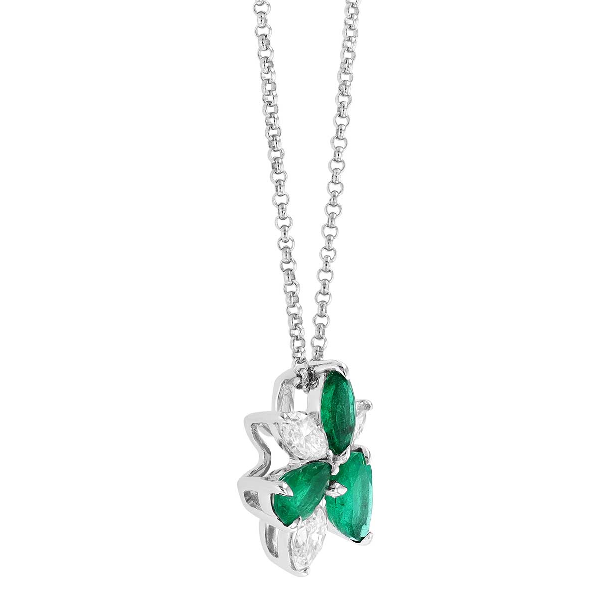 Multi-Shape Emerald & Marquise Diamond Floral Cluster Pendant in White Gold, 18