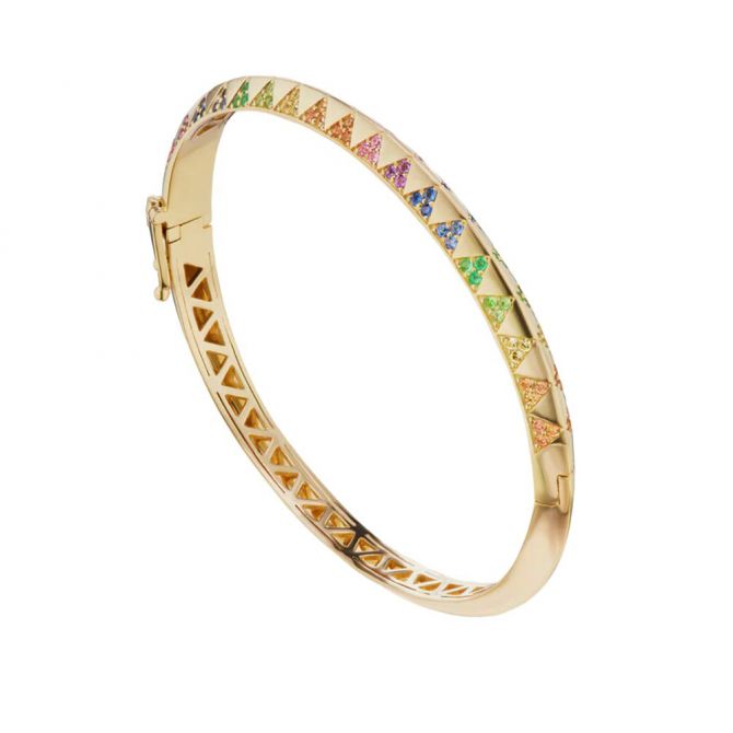 Harwell Godfrey Multicolored Sapphire Knife Edge Bangle Bracelet in Yellow Gold