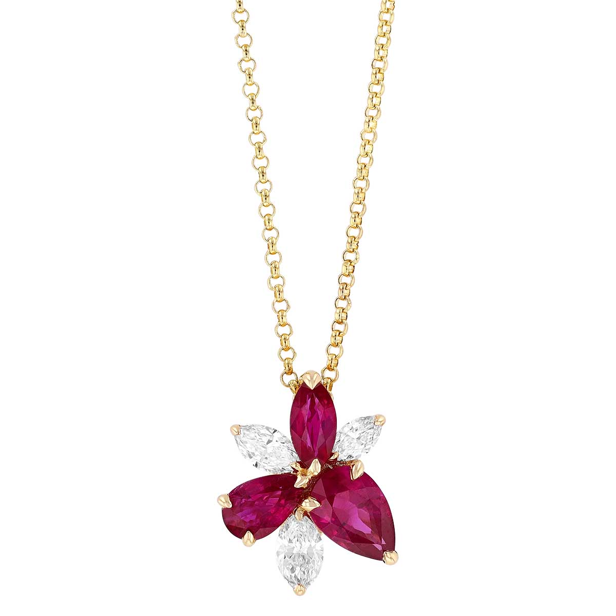 Multi-Shape Ruby & Marquise Diamond Floral Cluster Pendant in Yellow Gold, 18