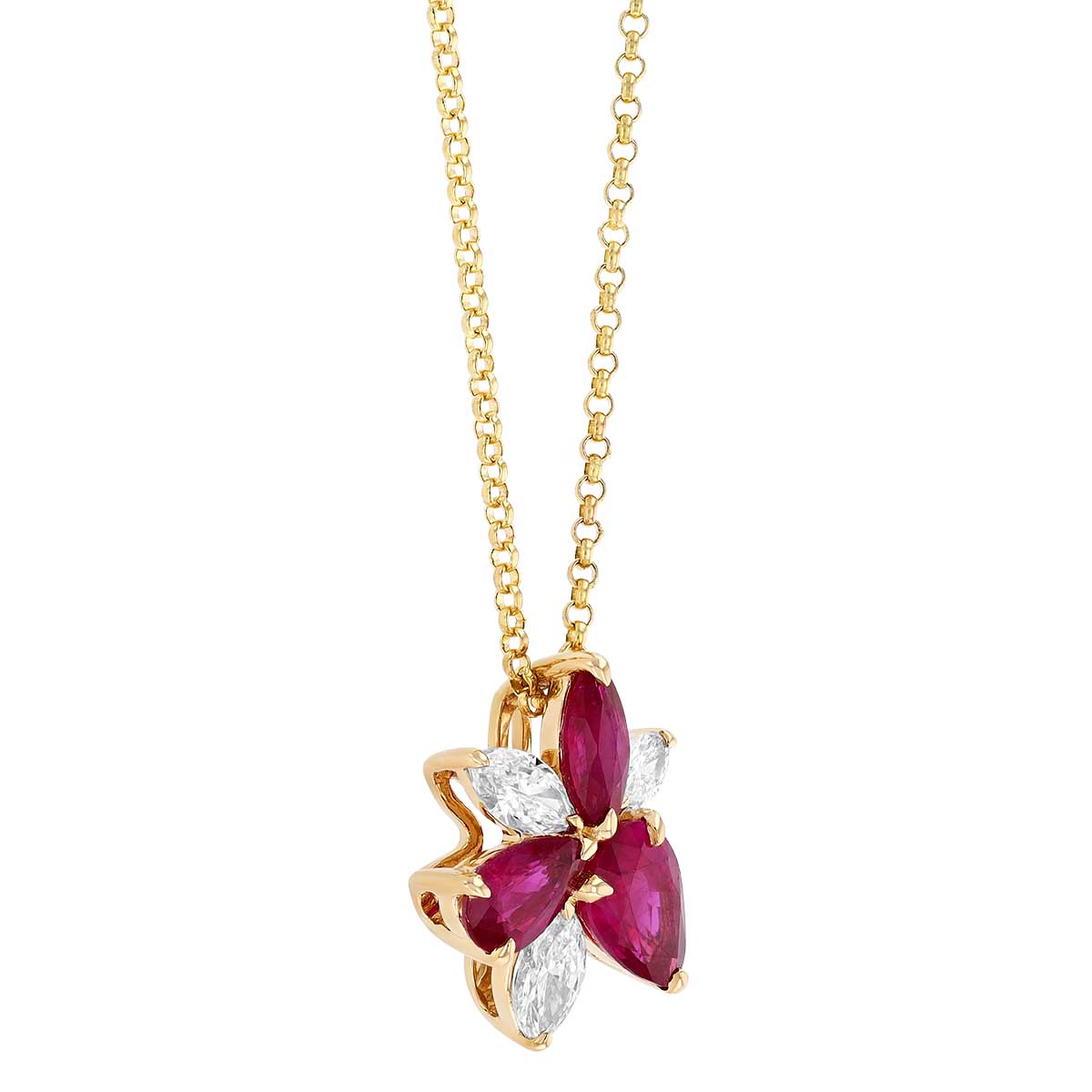 Multi-Shape Ruby & Marquise Diamond Floral Cluster Pendant in Yellow Gold, 18