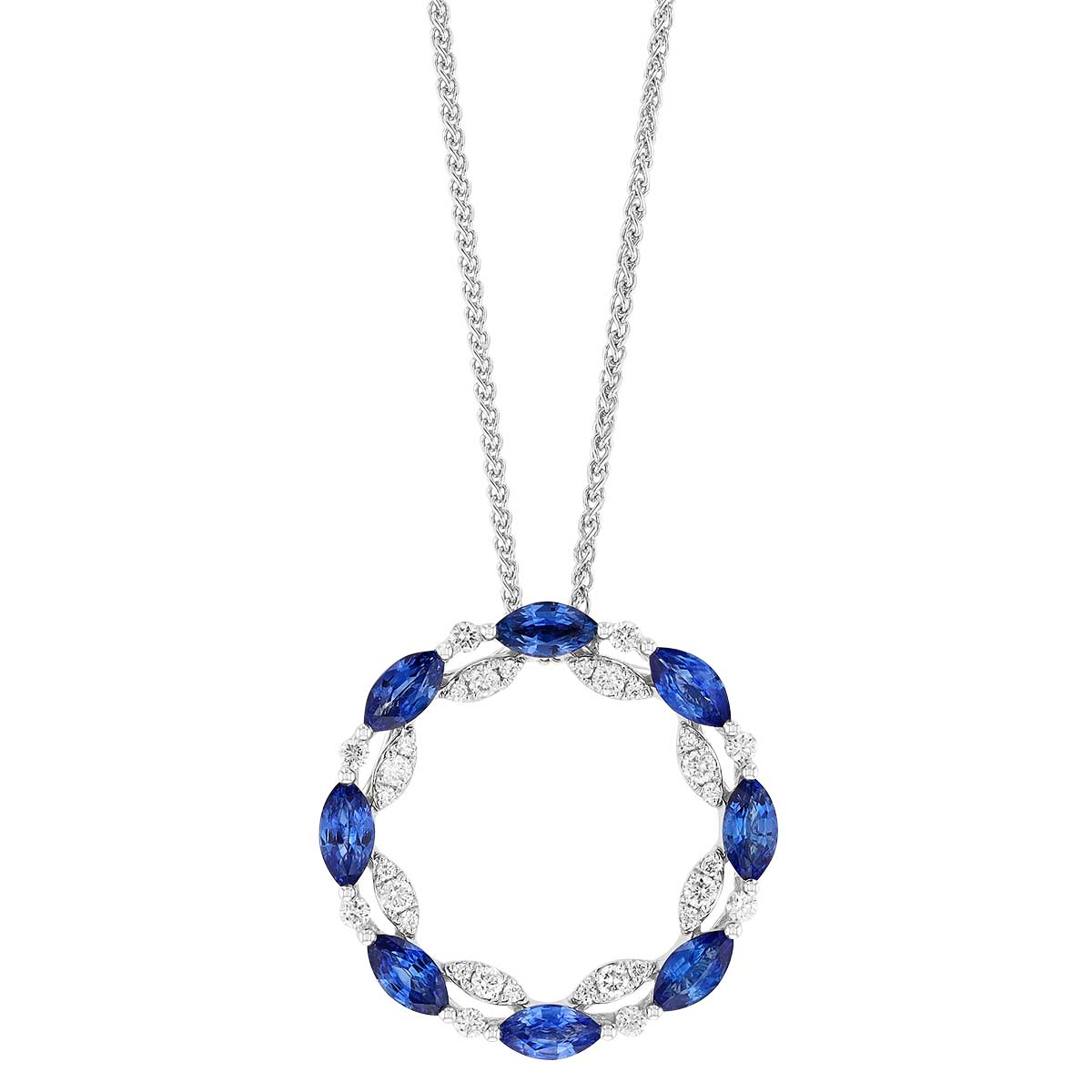 Marquise Sapphire & Diamond Double Open Circle Pendant in white Gold, 18