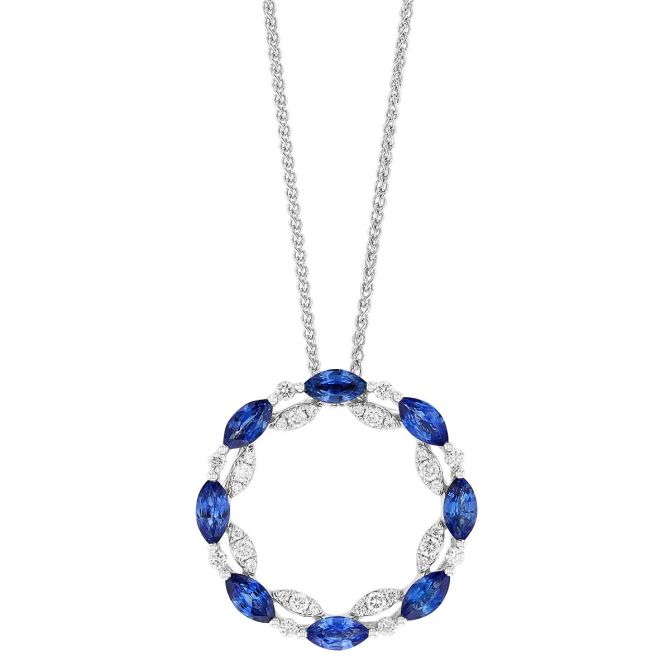 Marquise Sapphire & Diamond Double Open Circle Pendant in white Gold, 18"