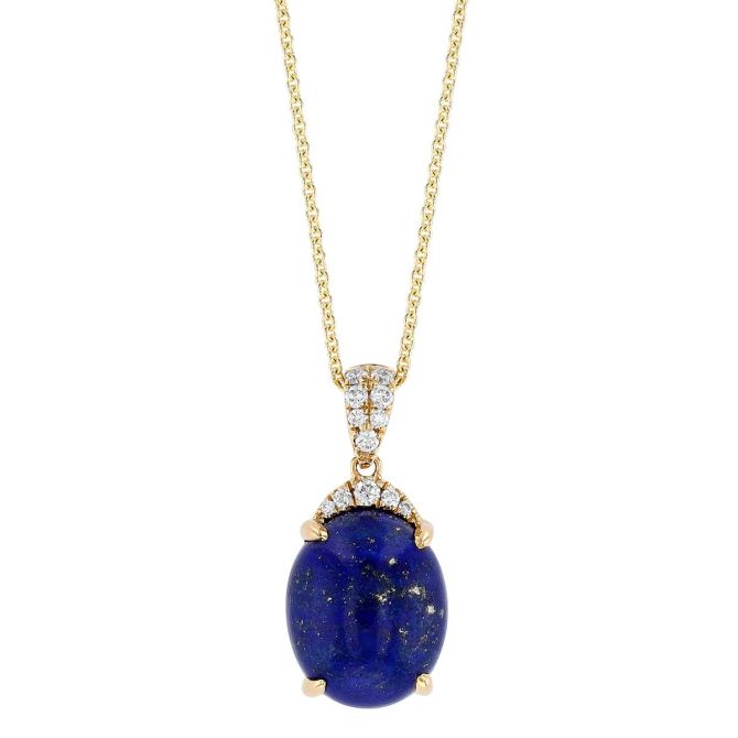 Oval Cabochon Lapis Lazuli & Diamond Pendant in Yellow Gold, 18"