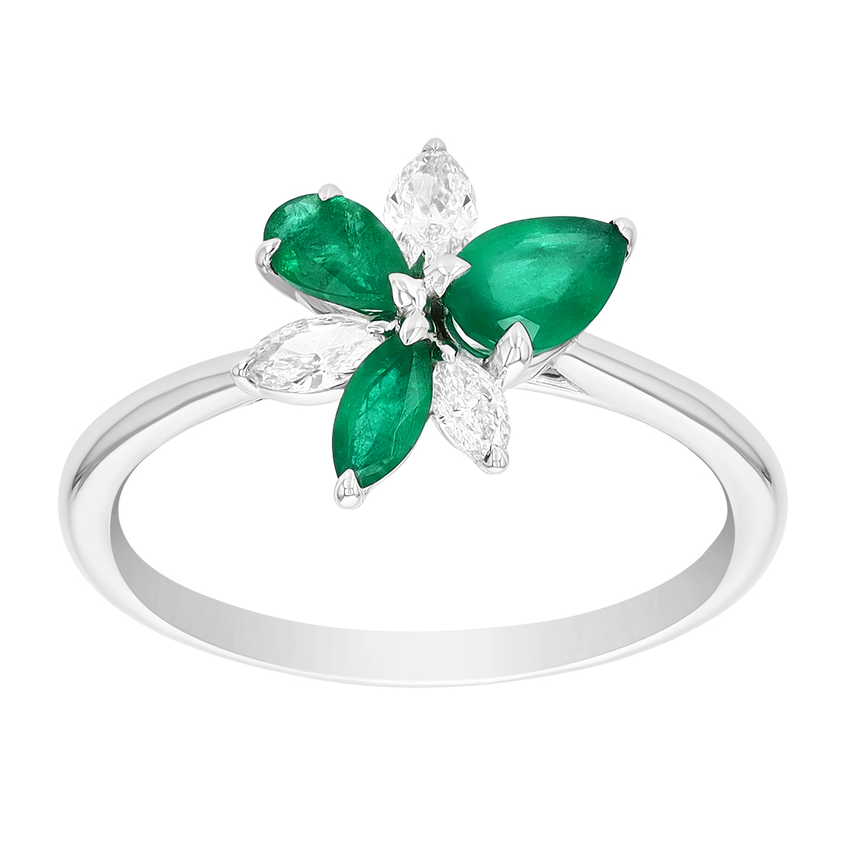 Multi-Shape Emerald & Marquise Diamond Floral Cluster Ring in White Gold