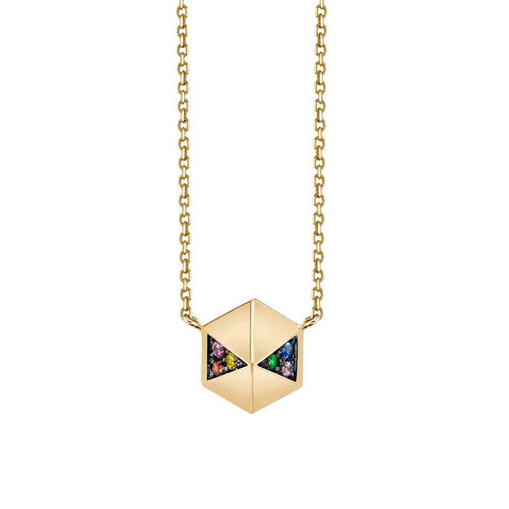 Harwell Godfrey Multicolored Sapphire Pyramid Pendant in Yellow Gold & Black Rhodium, 16
