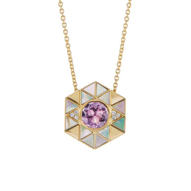 Harwell Godfrey Mother of Pearl & Amethyst Evil Eye Pendant in Yellow Gold, 18"