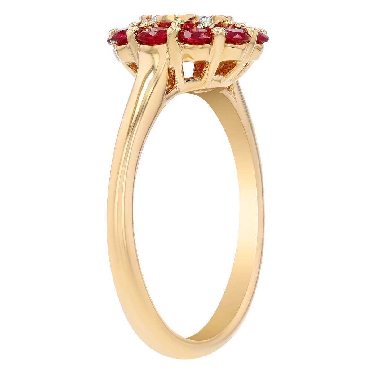 Round Diamond & Ruby Halo Floral Ring in Yellow Gold