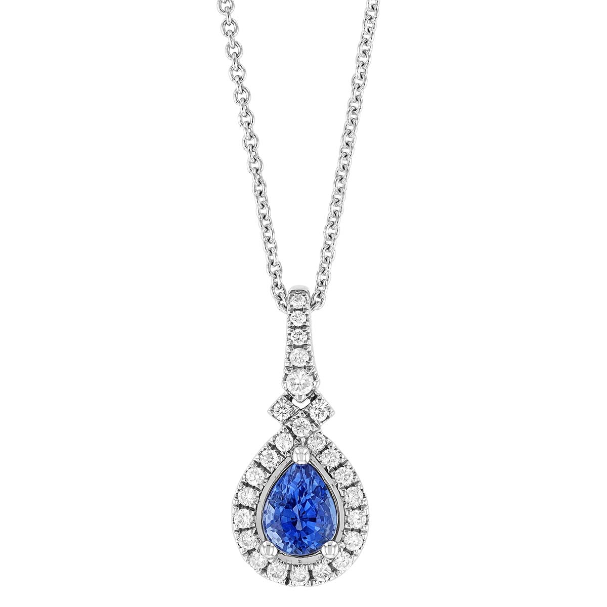 Pear Shape Sapphire & Diamond Halo Pendant in White Gold, 18