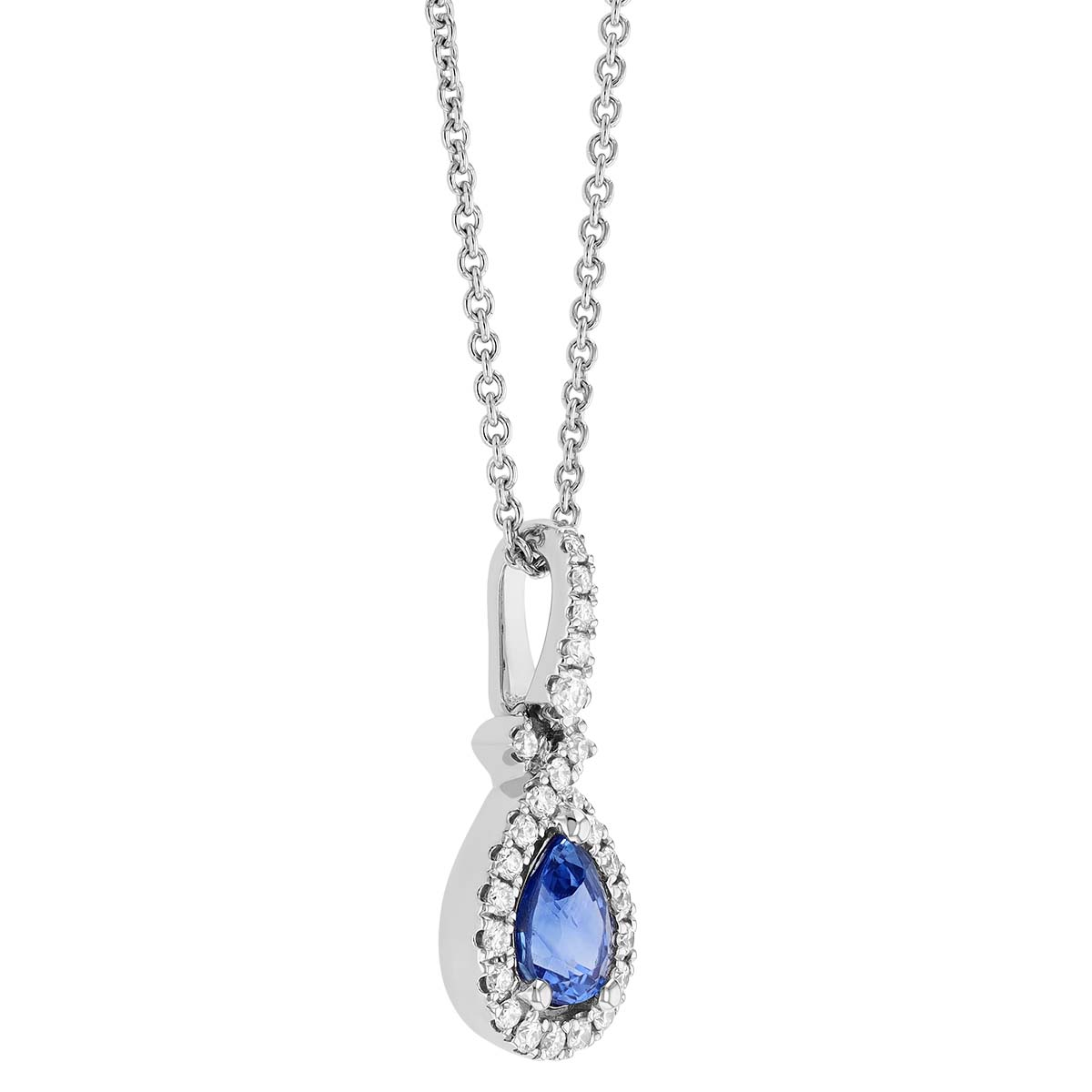 Pear Shape Sapphire & Diamond Halo Pendant in White Gold, 18