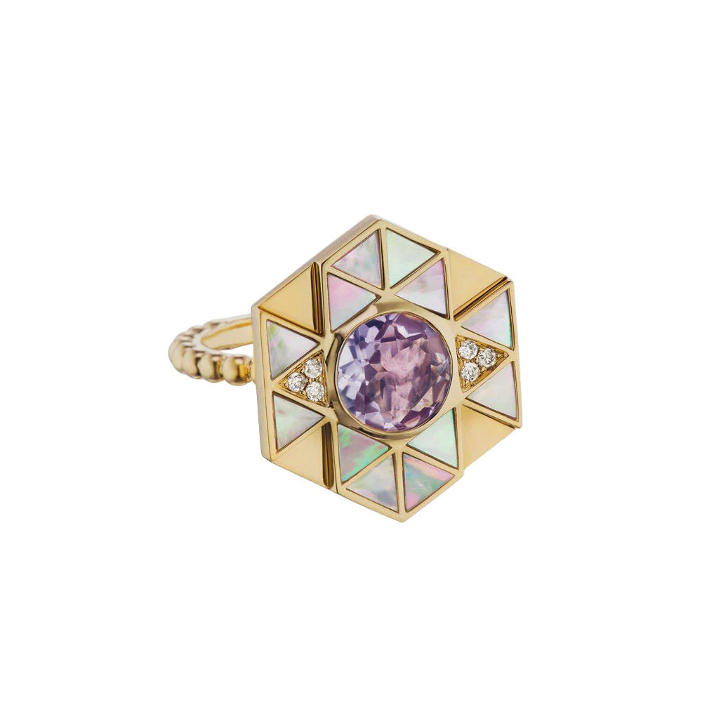 Harwell Godfrey Mother of Pearl & Amethyst Evil Eye Ring in Yellow Gold