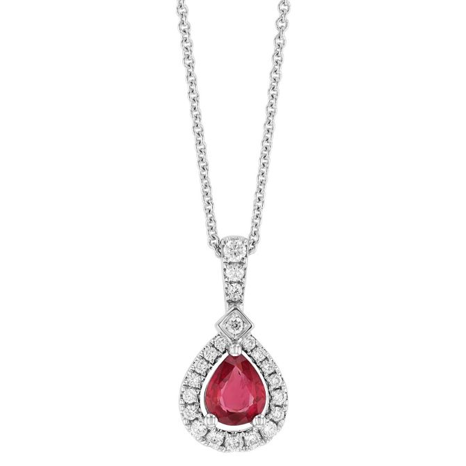 Pear Shape Ruby & Diamond Halo Pendant in White Gold, 18"
