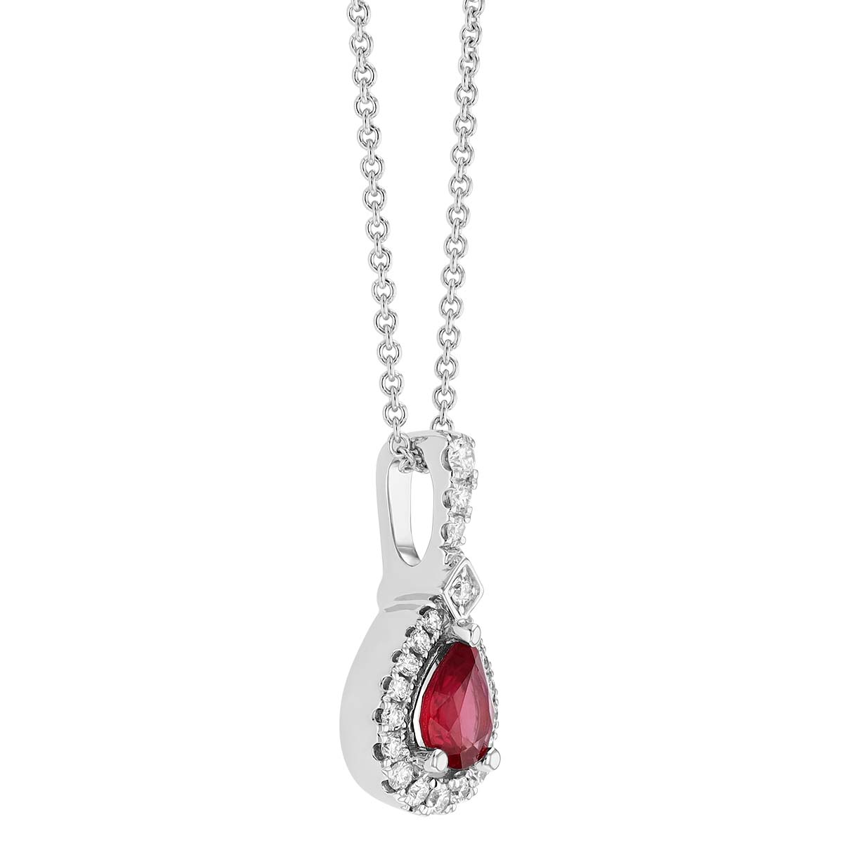 Pear Shape Ruby & Diamond Halo Pendant in White Gold, 18