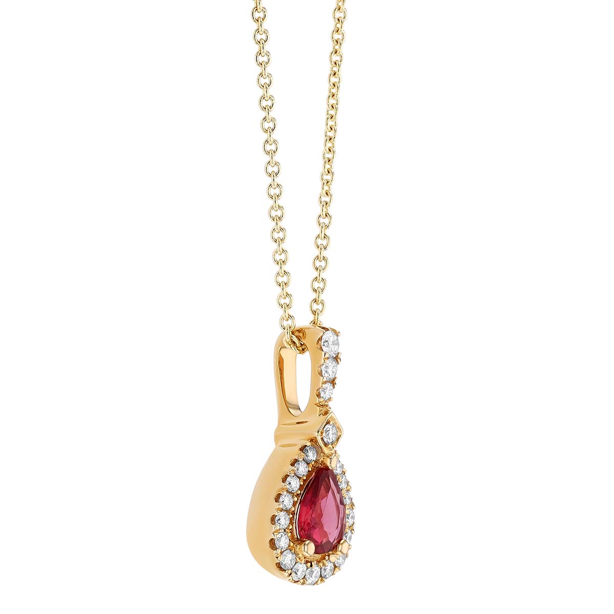 Pear Shape Ruby & Diamond Halo Pendant in Yellow Gold, 18
