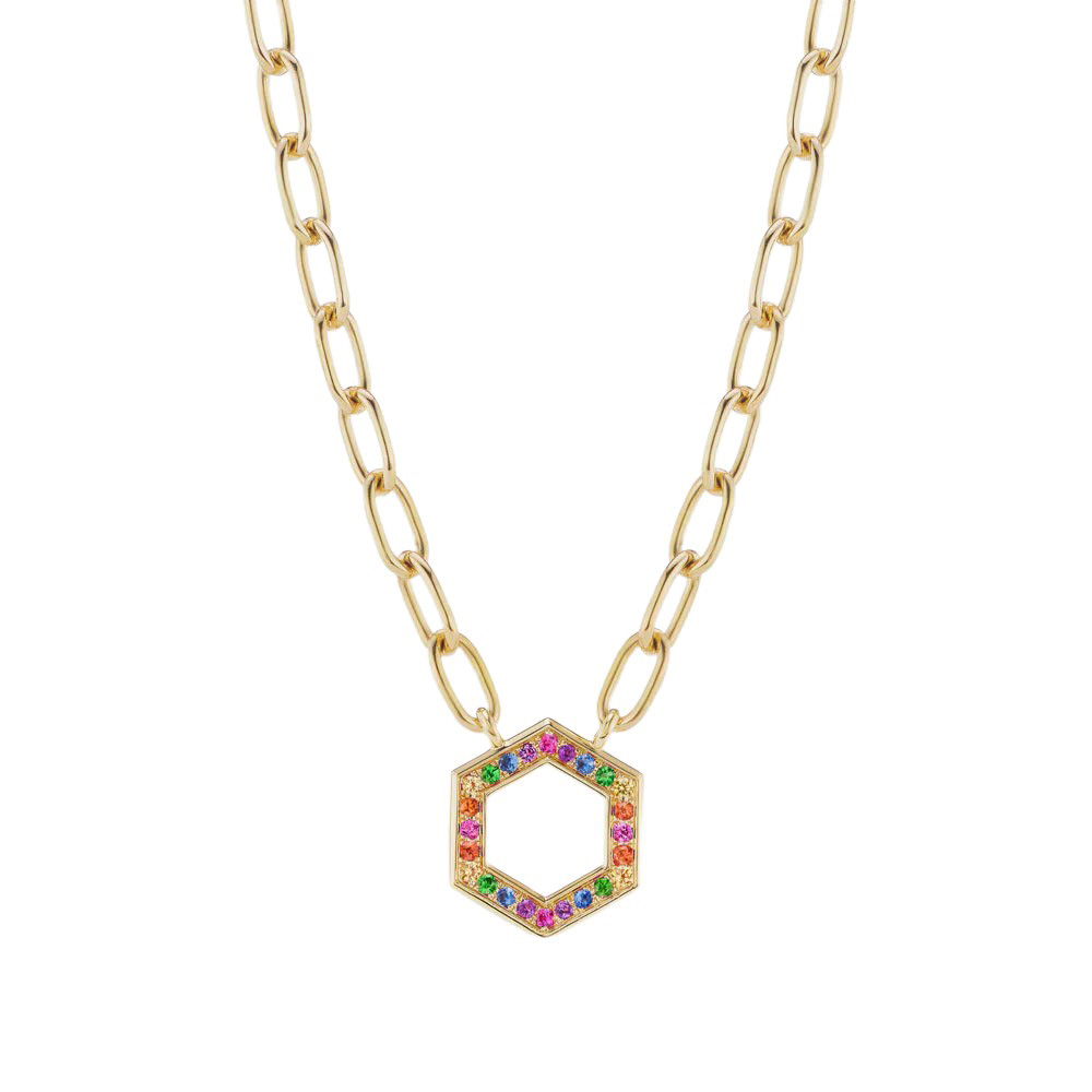 Harwell Godfrey Multicolored Sapphire Foundation Hexagon Necklace in Yellow Gold, 18