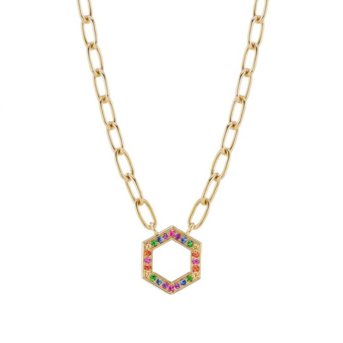 Harwell Godfrey Multicolored Sapphire Foundation Hexagon Necklace in Yellow Gold, 18"