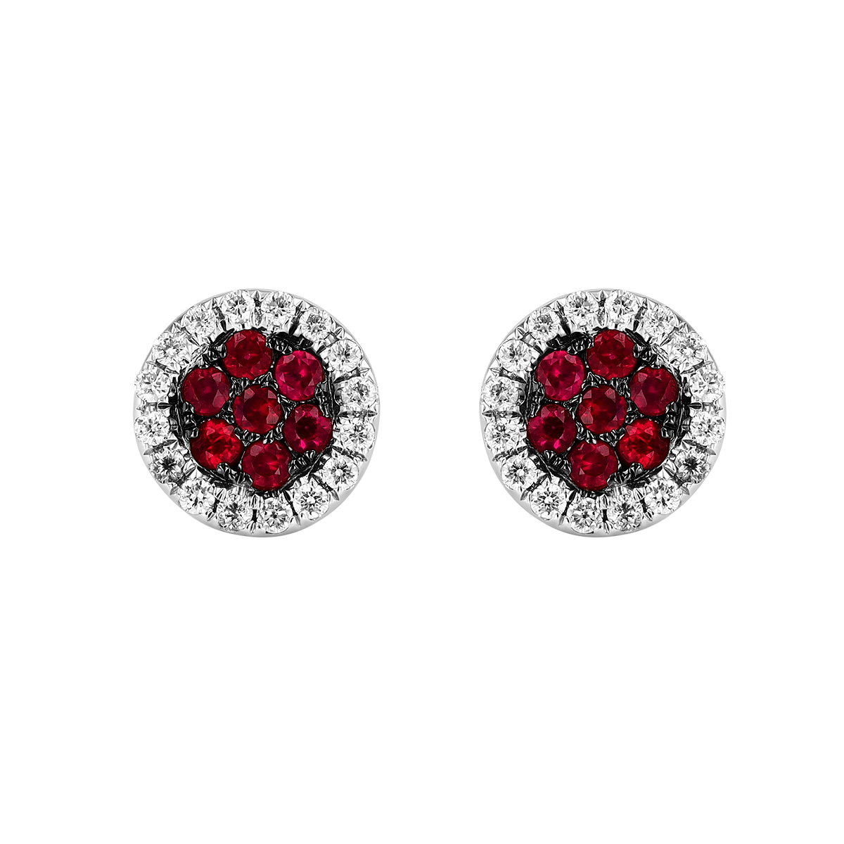 Ruby Cluster & Diamond Halo Round Stud Earrings in White Gold & Black Rhodium