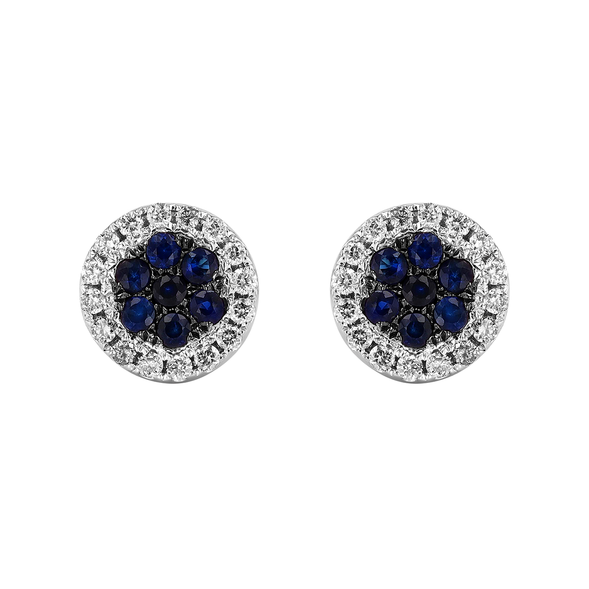 Sapphire Cluster & Diamond Halo Round Stud Earrings in White Gold & Black Rhodium