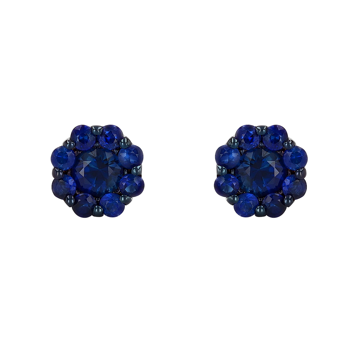 Sapphire & Halo Cluster Stud Earrings in Black Rhodium & White Gold