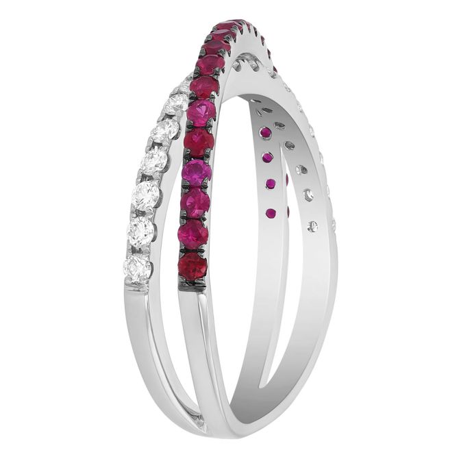 Ruby & Diamond Crossover Ring in White Gold & Black Rhodium