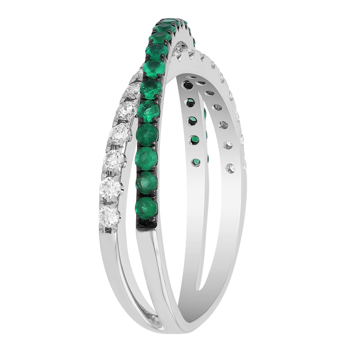 Emerald & Diamond Crossover Ring in White Gold & Black Rhodium