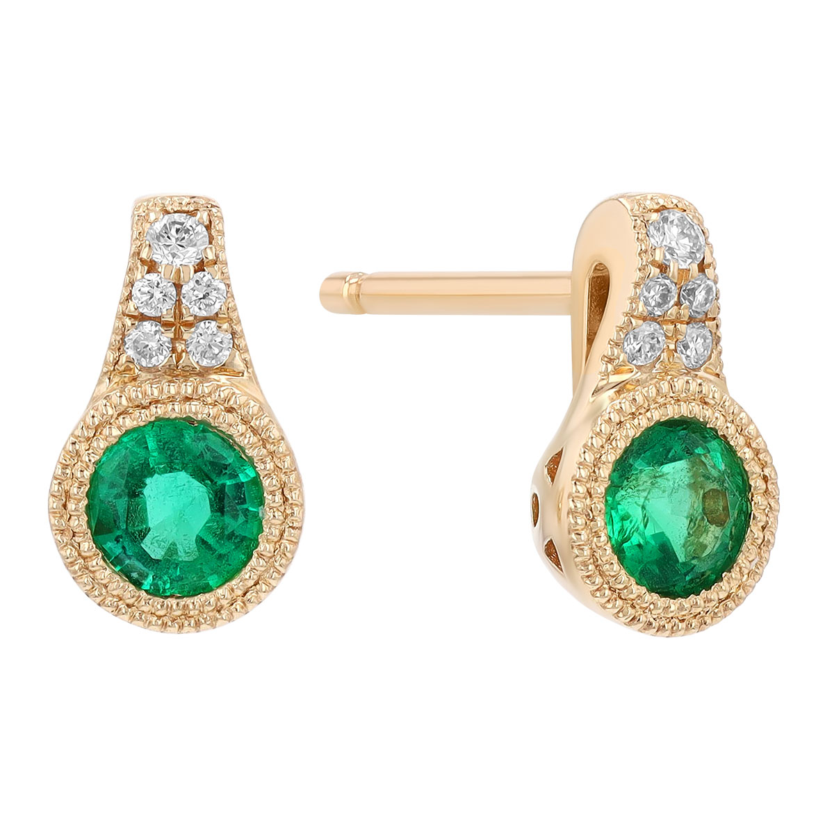 Bezel Set Round Emerald & Diamond Milgrain Stud Earrings in Yellow Gold