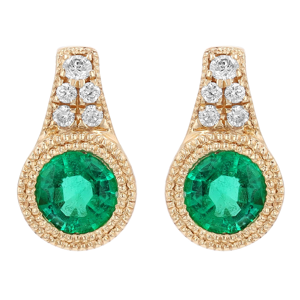 Bezel Set Round Emerald & Diamond Milgrain Stud Earrings in Yellow Gold