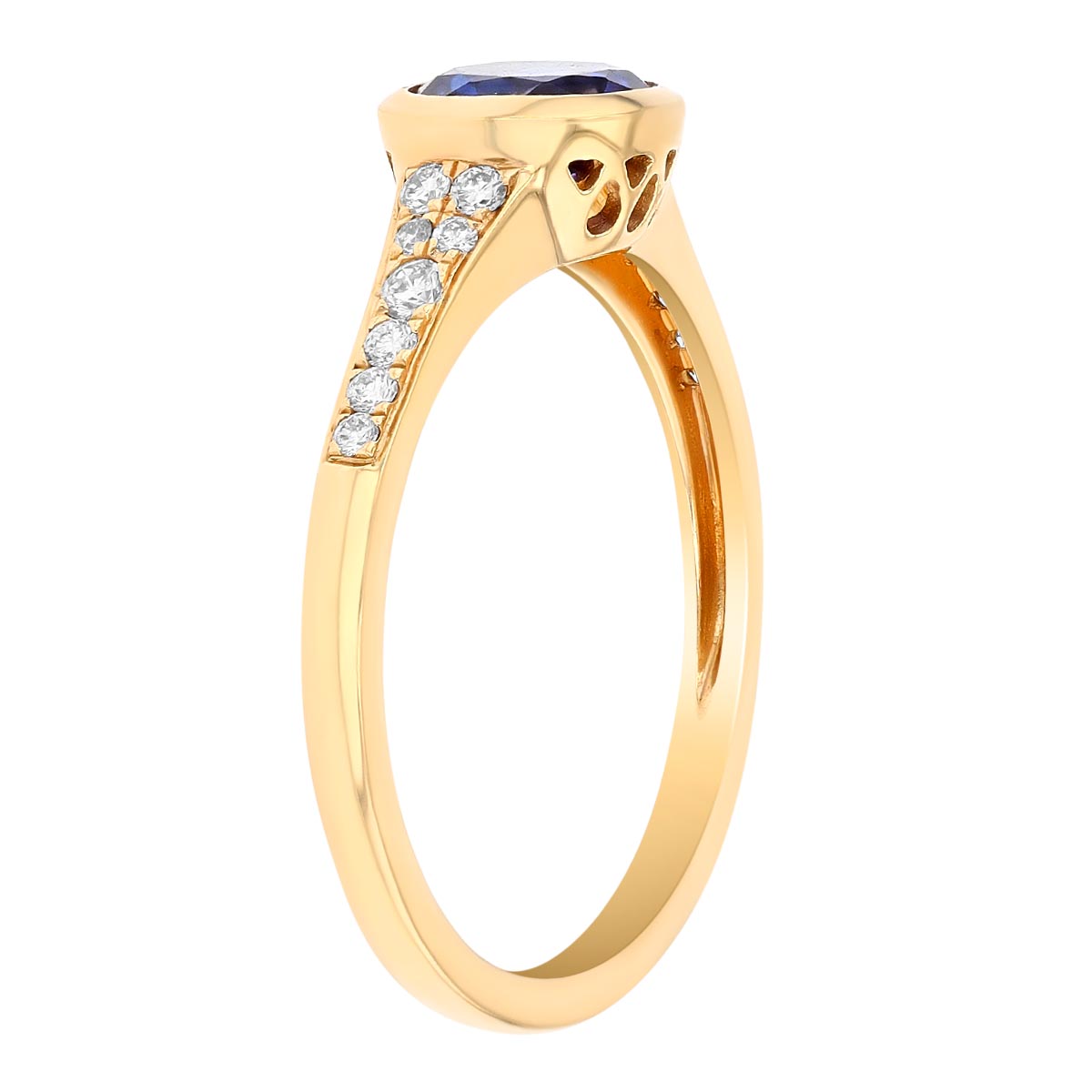 Bezel Set Round Tanzanite & Diamond Ring in Yellow Gold