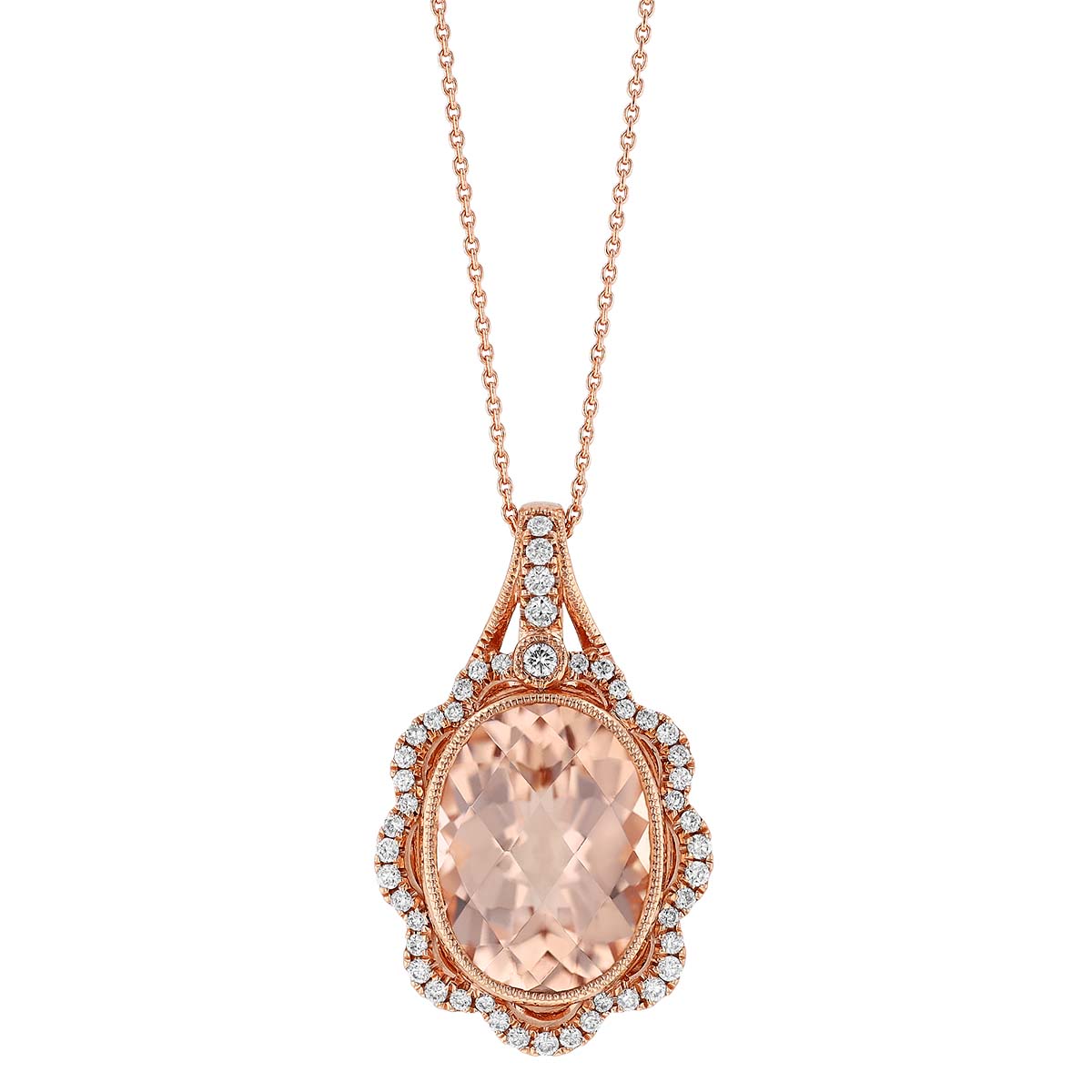 Oval Morganite & Diamond Scalloped Halo Pendant in Rose Gold