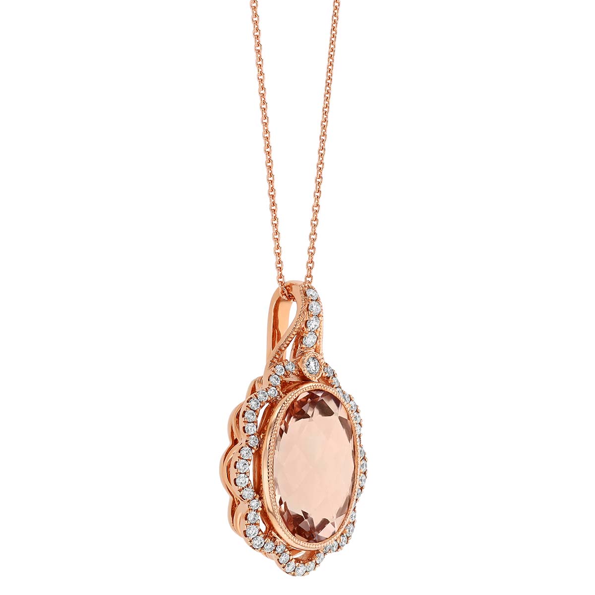 Oval Morganite & Diamond Scalloped Halo Pendant in Rose Gold