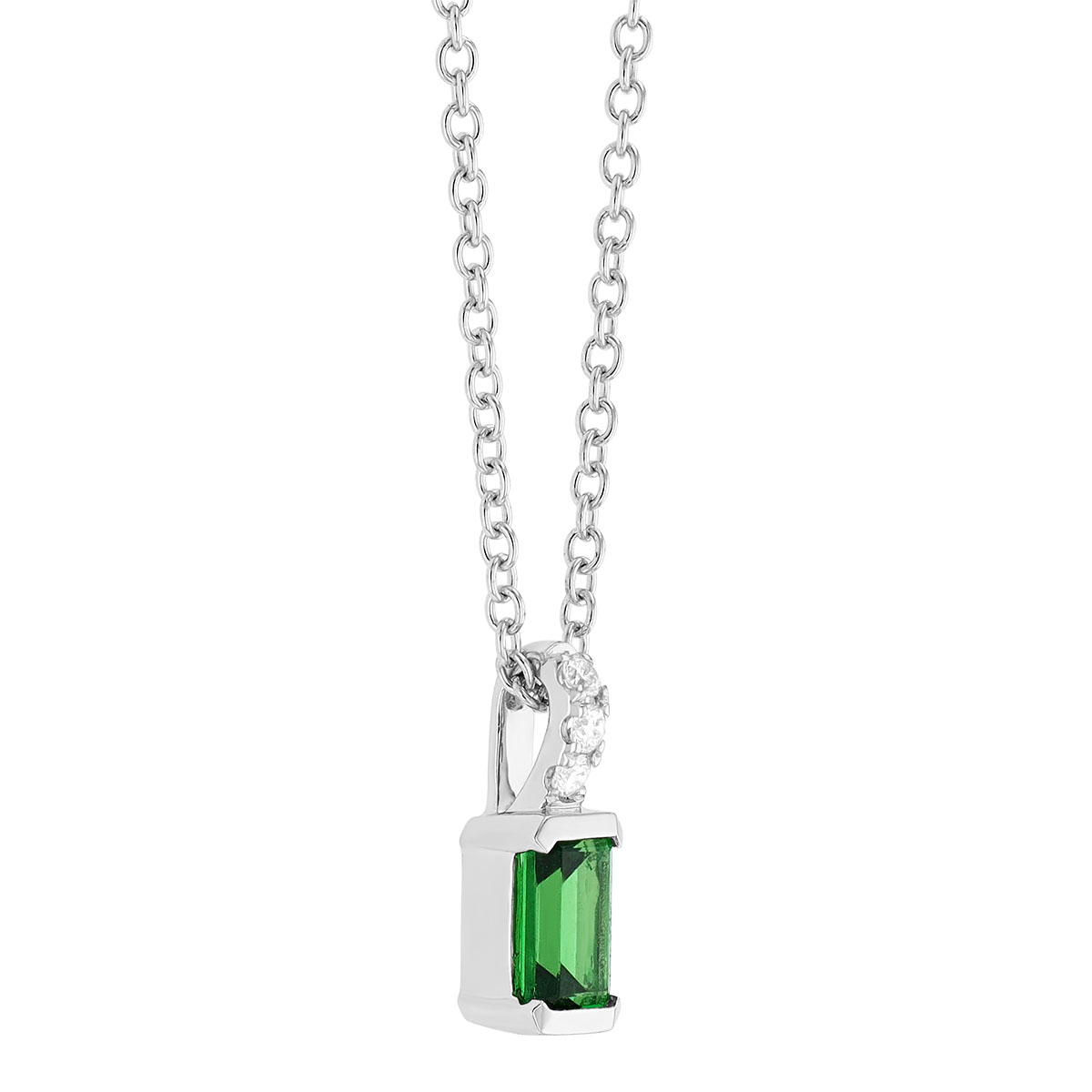 Emerald Cut Tsavorite Garnet & Diamond Pendant in White Gold