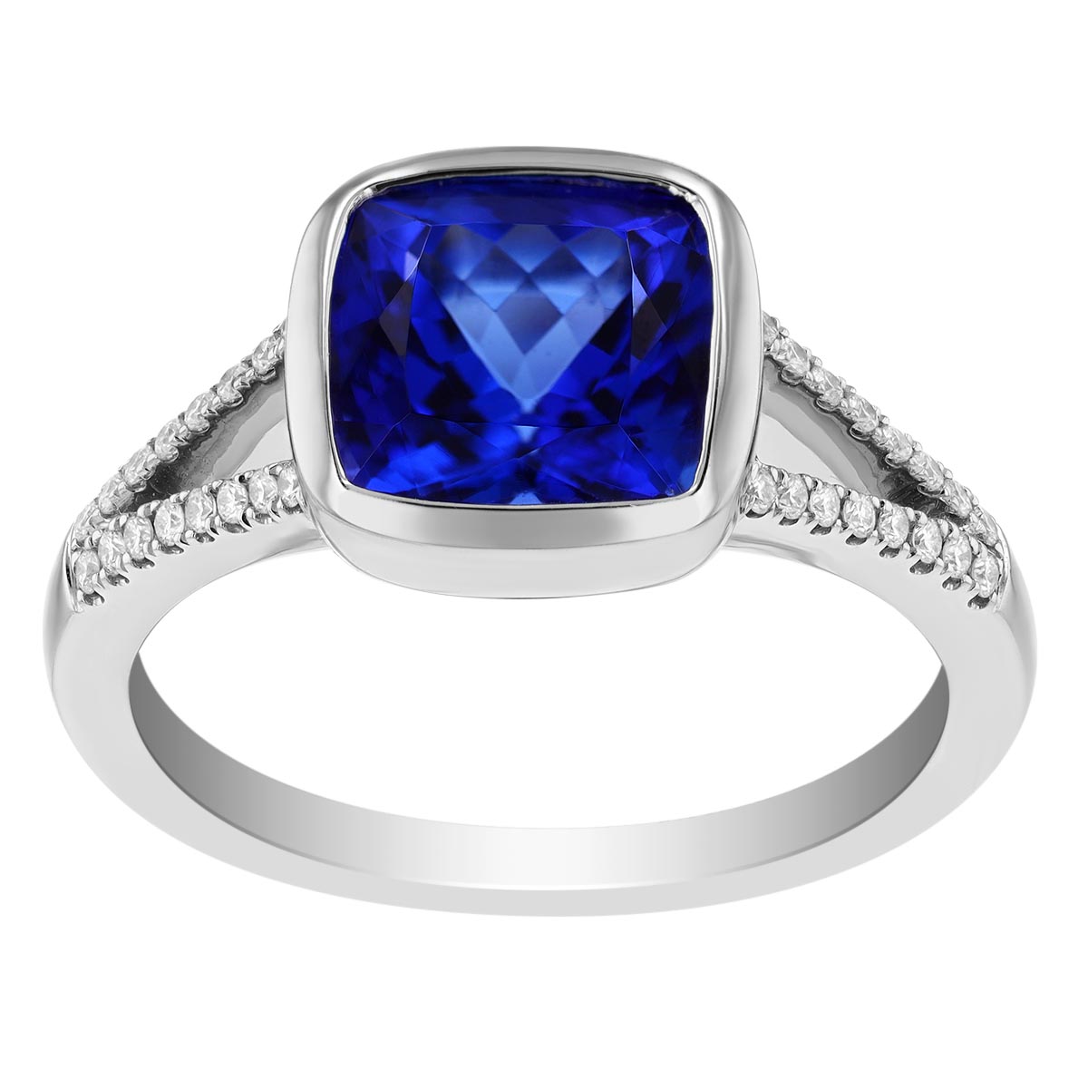 Bezel Set Cushion Cut Tanzanite & Diamond Split Band Ring in White Gold