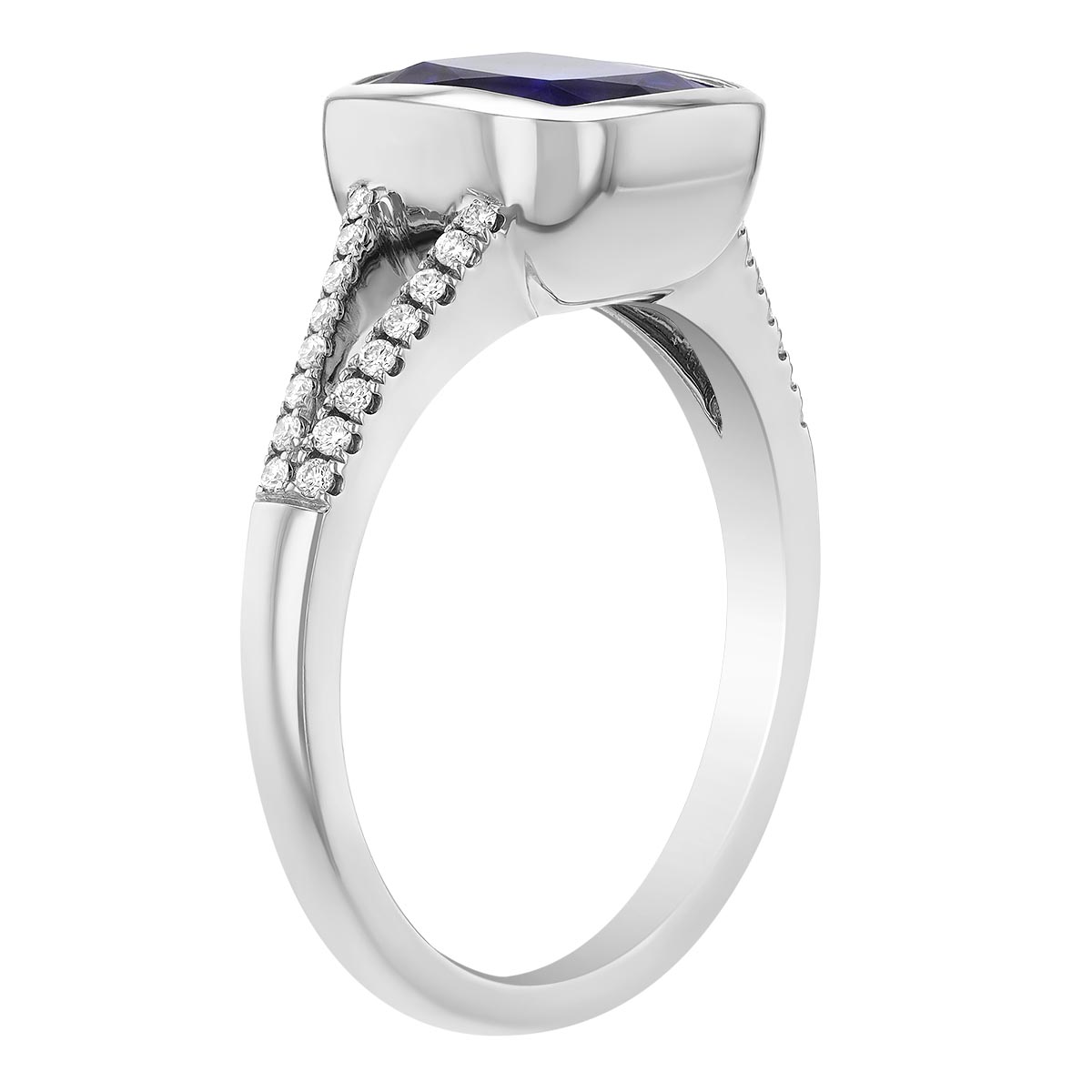 Bezel Set Cushion Cut Tanzanite & Diamond Split Band Ring in White Gold