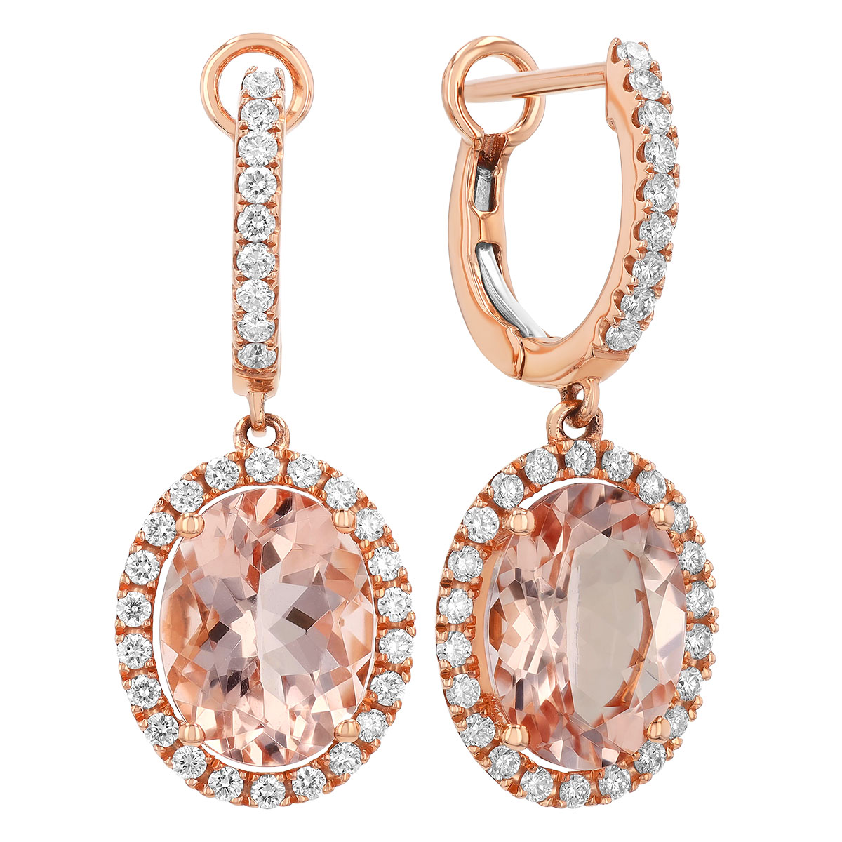 Oval Morganite & Diamond Halo Dangle Hoop Earrings in Rose Gold